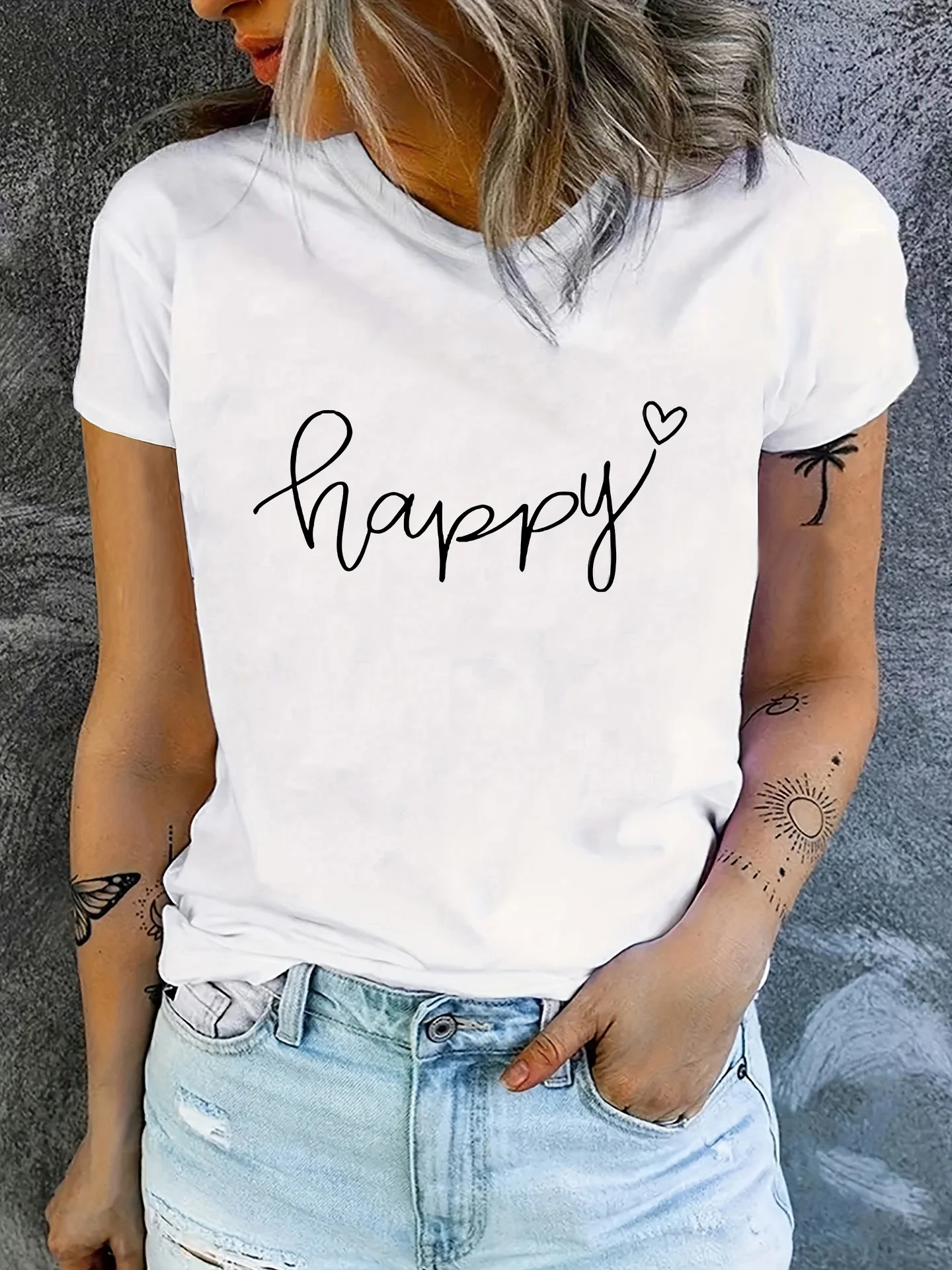 

Womens Elegant Casual Happy Short Sleeve Crew Neck Summer with Black Cursive Lettering Heart Design Aesthetic Clothes