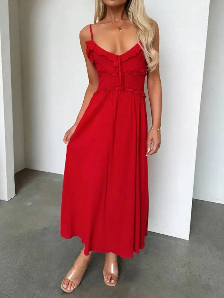 

Sleeveless Solid Patchwork Chic Party Dress, Women Summer Spaghetti Strap Simple Maxi Dress, 2026 Backless Ruffles Ladies Dress