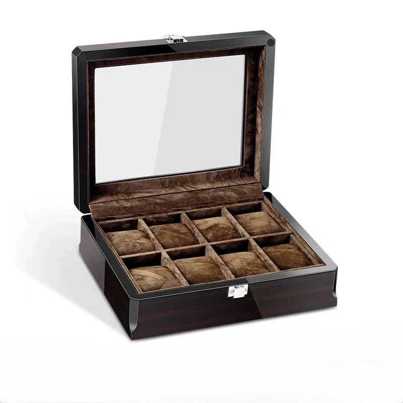 สีดํา 4/6/8/10 ช่องนาฬิกาไม้สีดํากล่องผู้ชายผู้หญิงนาฬิกาผู้ถือจอแสดงผลกรณีเครื่องประดับแว่นตาของขวัญกล่อง