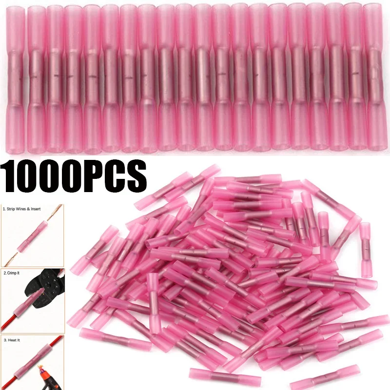 500/1000PCS Red Heat Shrink Connectors Insulated Waterproof Crimp Terminals Seal Butt Electrical Wire Connector 22-18 AWG