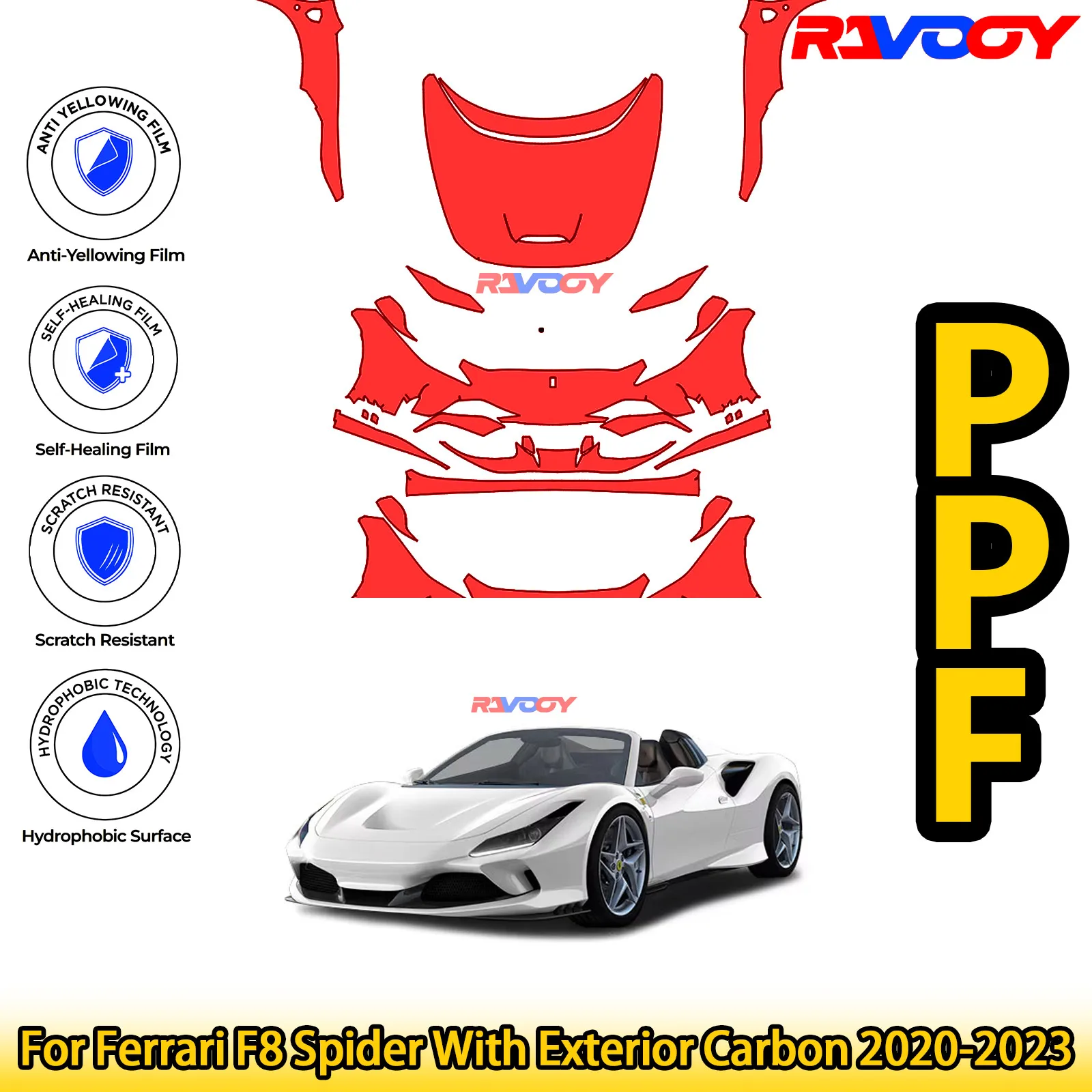 

Для Ferrari F8 Spider с внешним карбоном 2020-2023, глянцевая матовая черная предварительно вырезанная передняя защитная пленка PPF Kit