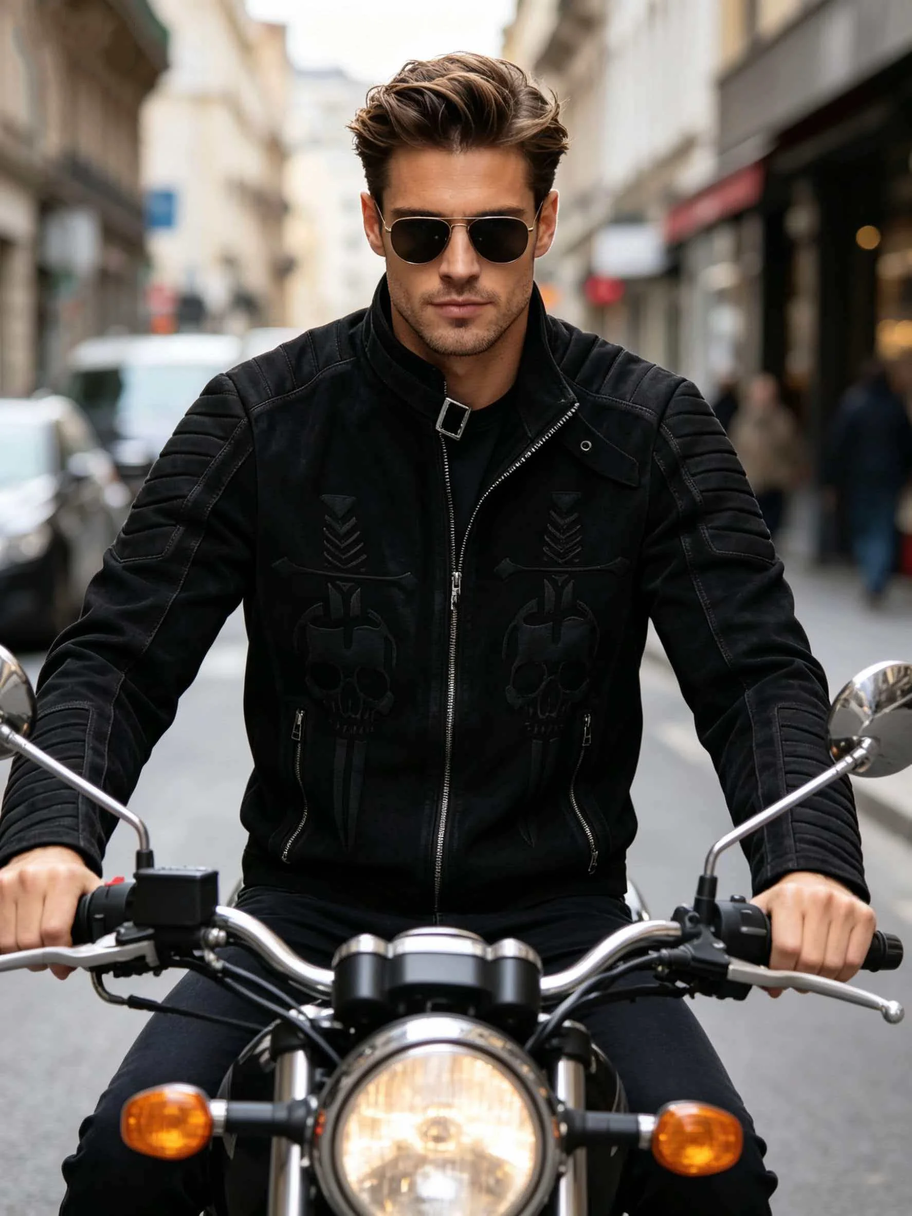 Black Winter Leather Jacket Men Vintage Style Plus Size 3XL Genuine Natural Thick Cow Suede Stand Collar Skulls Pattern Coat
