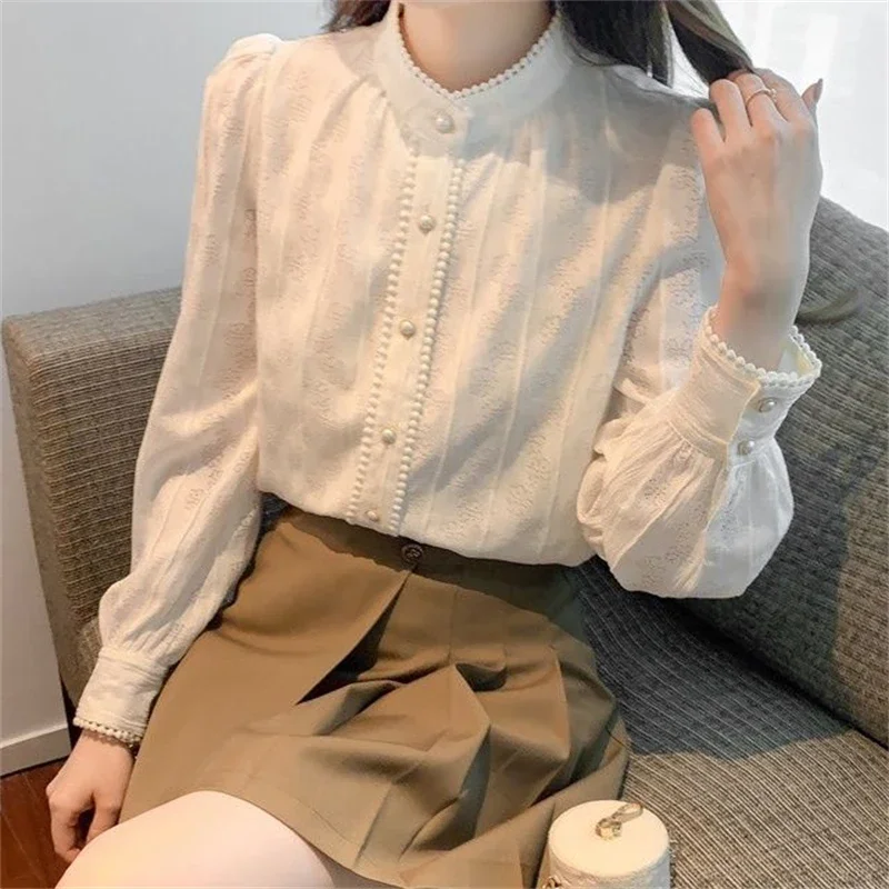 

New Women Trendy Vintage Chic Lace Beaded Button Shirts Autumn Casual Solid Sweet Blouses Female Long Sleeve Elegant Tops Z737