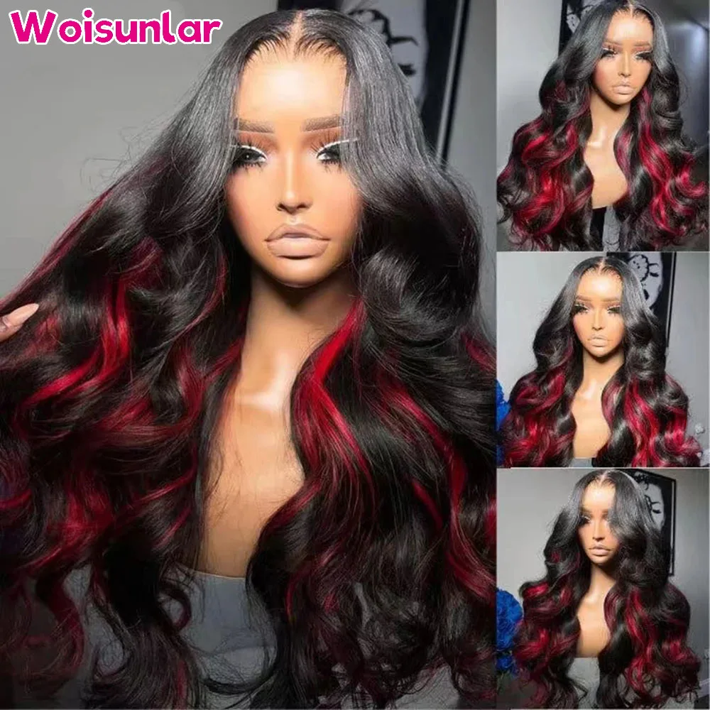 

Highlight Red and Black Body Wave Transparent Lace Human Hair Wig for Women Black and Pink 4x4 Lace Closure Wigs Pre Plucked Wig