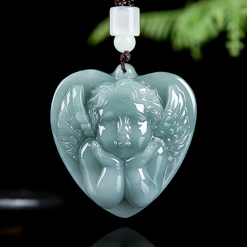 

Jiale/ Hand-carved/ Natural Jade Blue Water Hollow Cupid Emerald Necklace Pendant Personalized Jewelry Men Women Couple Amulet