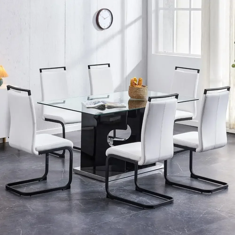 

6-Person Glass Dining Table Set with Upholstered Leather Chairs for Elegant Living or Dining Room