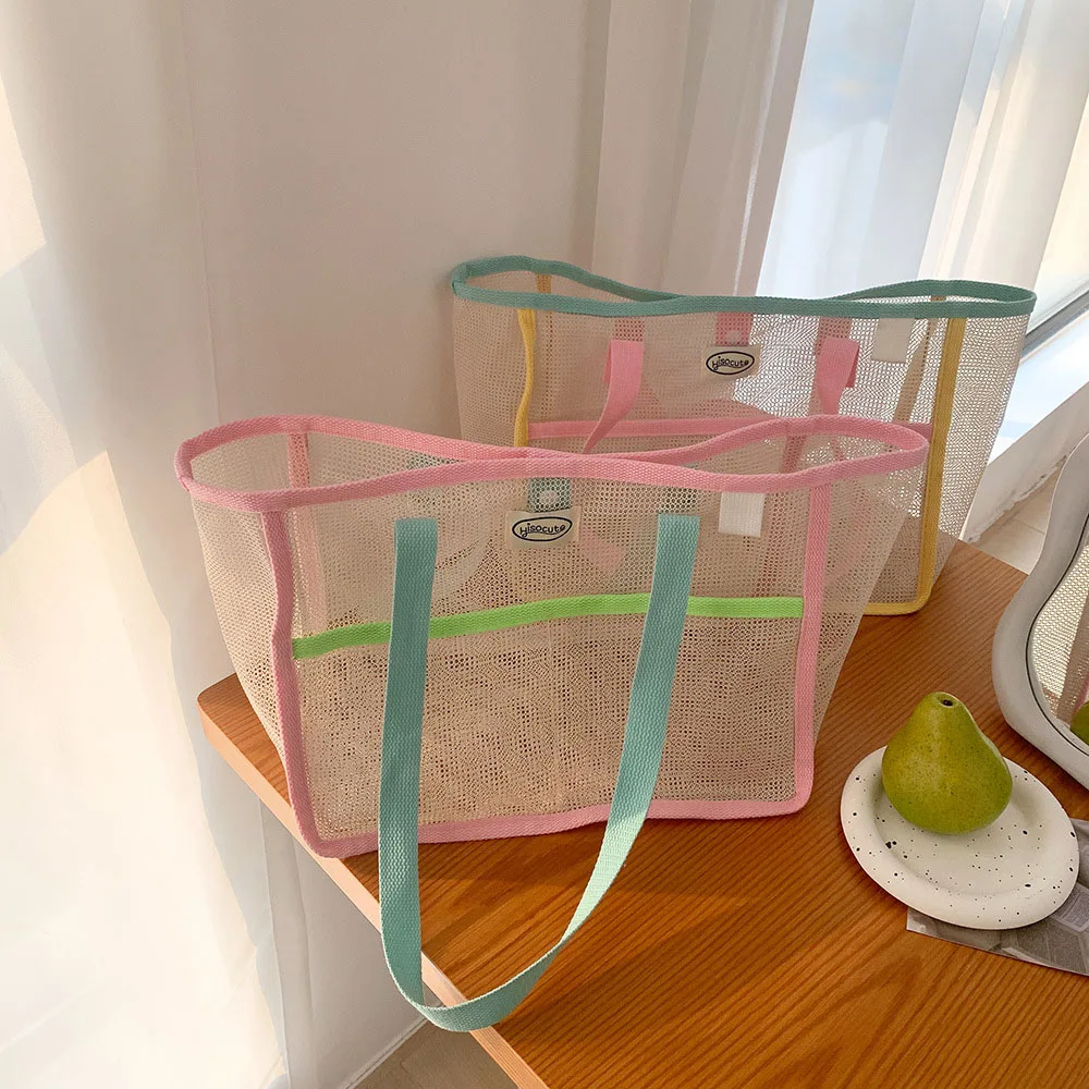 Ins Mesh Beach Handbag Women Mesh Transparent Double-layer Swim Storage Bag Toiletry Bag Large Capacity Portable