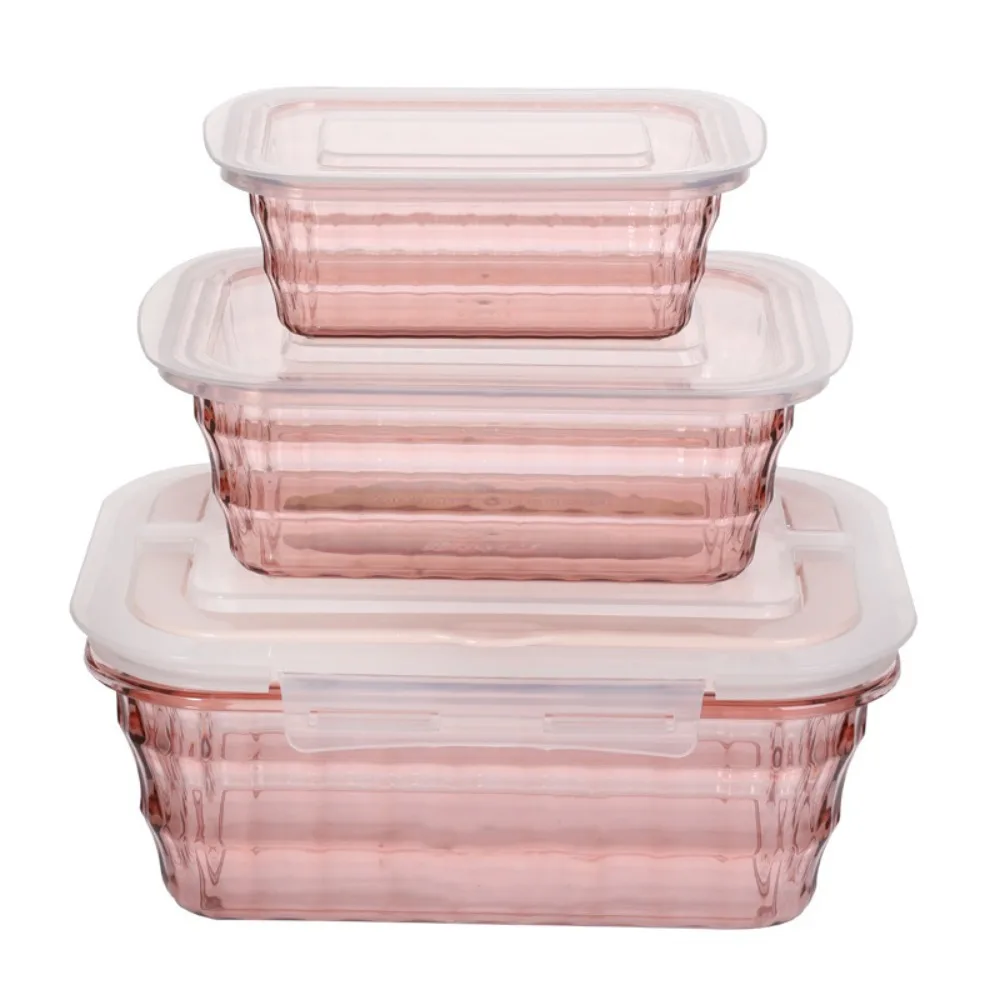 

3PCS Stripe Pattern Food Preservation Box Set Transparent Folding Handle Food Keeping Container Round/Square Food Grade Plastic