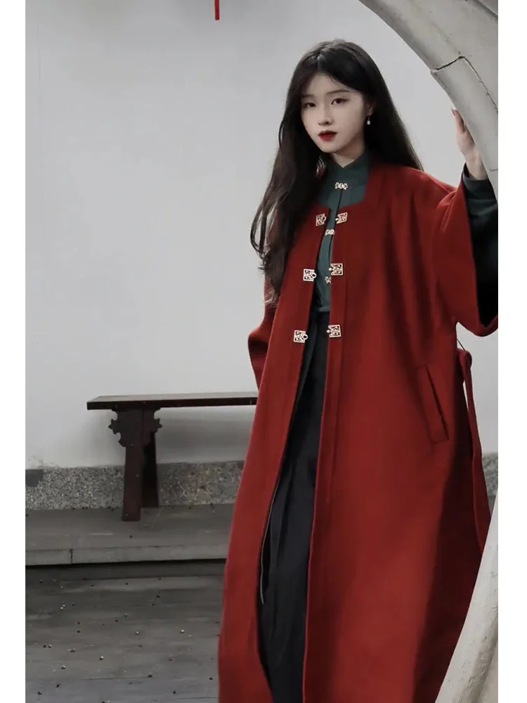 

Double-Sided Camere Woolen Coat Wedding Dr Code Spring New Chinese Sle Cowl Ne Long Sve round Ne Button down