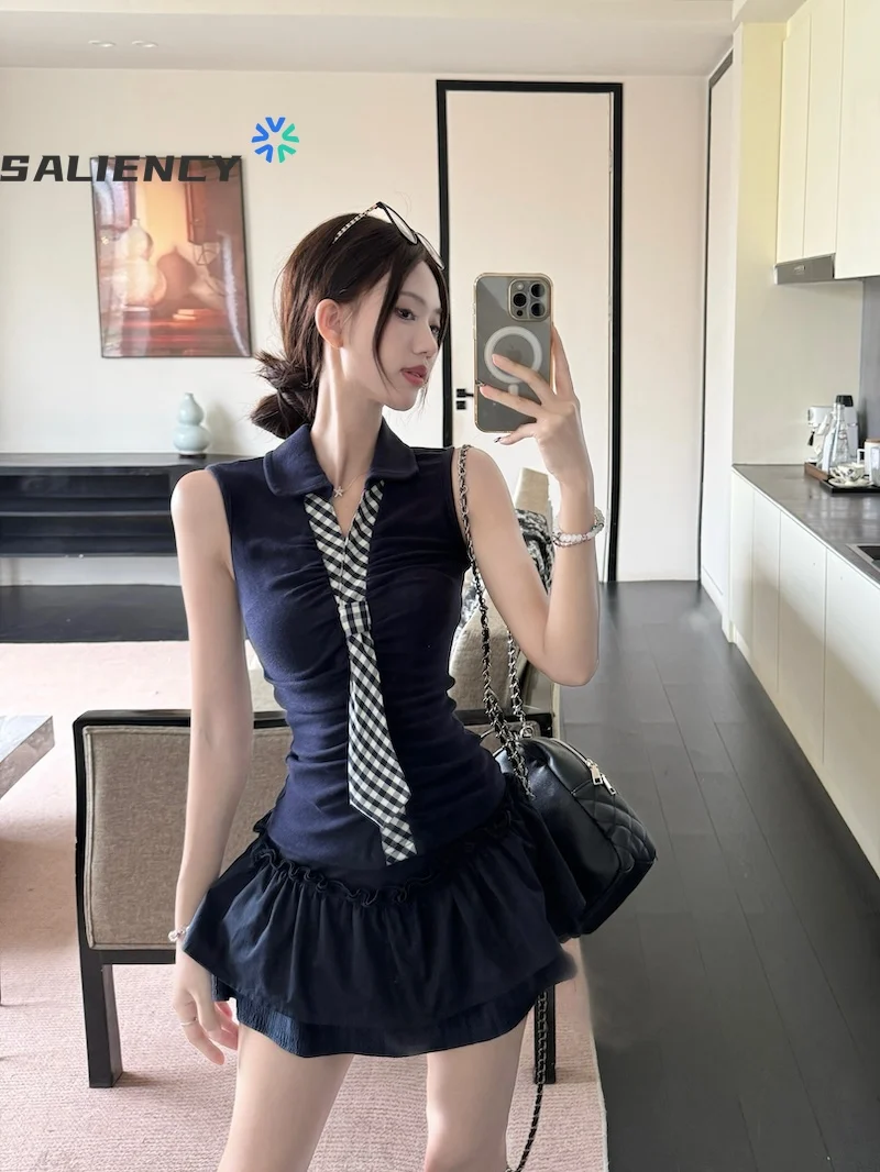 

Топ-поло Spice Girls, летняя женская рубашка-поло без рукавов в спортивном стиле в консервативном стиле, эстетические многоярусные юбки, комплекты из 2 предметов