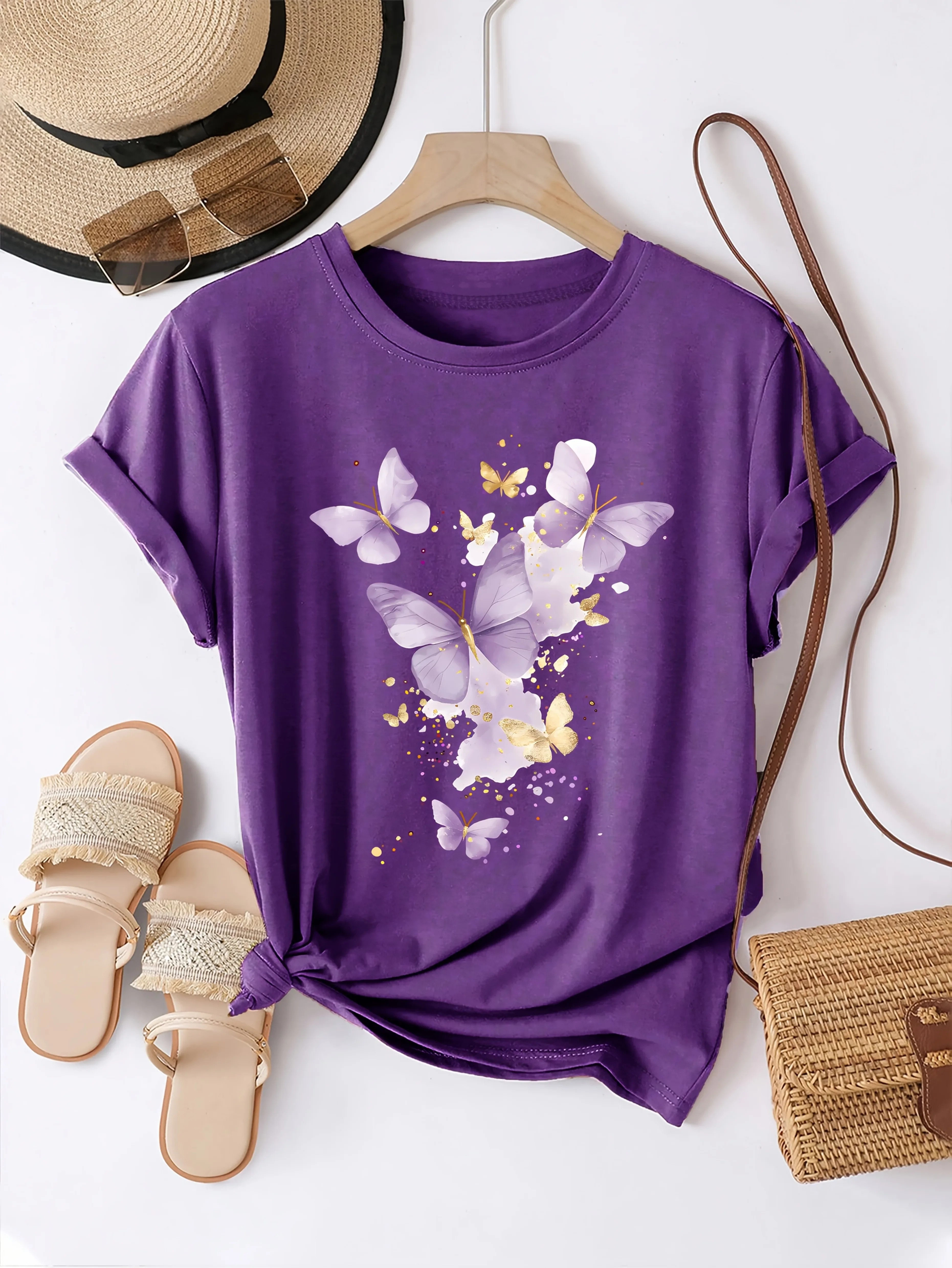 T-Shirt manches courtes col rond femme, décontracté, imprimé papillon violet, léger et respirant, à la mode, été