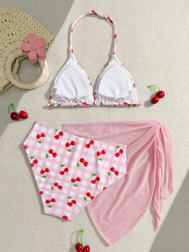 Girls Kids Bikini Swimsuit 2026 New Pink Cherry Halter Children Swimwear Summer Three Piece Mesh Beach Cover Up Bathing Suits