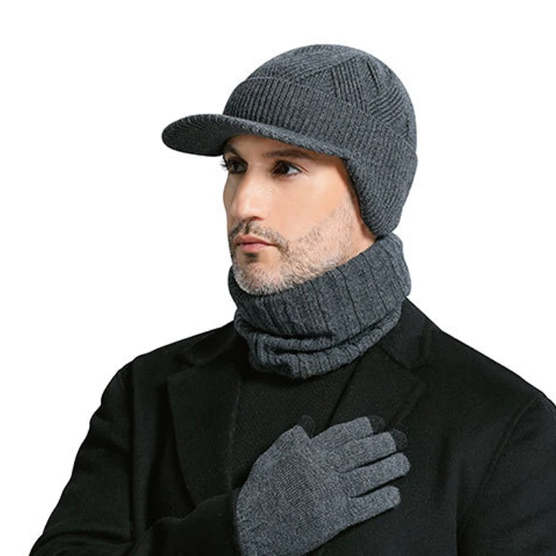 

Hat Earflap For Men Winter Wool Knit Cap Visor Autumn Warm Skiing Accessory For Outdoor Sports