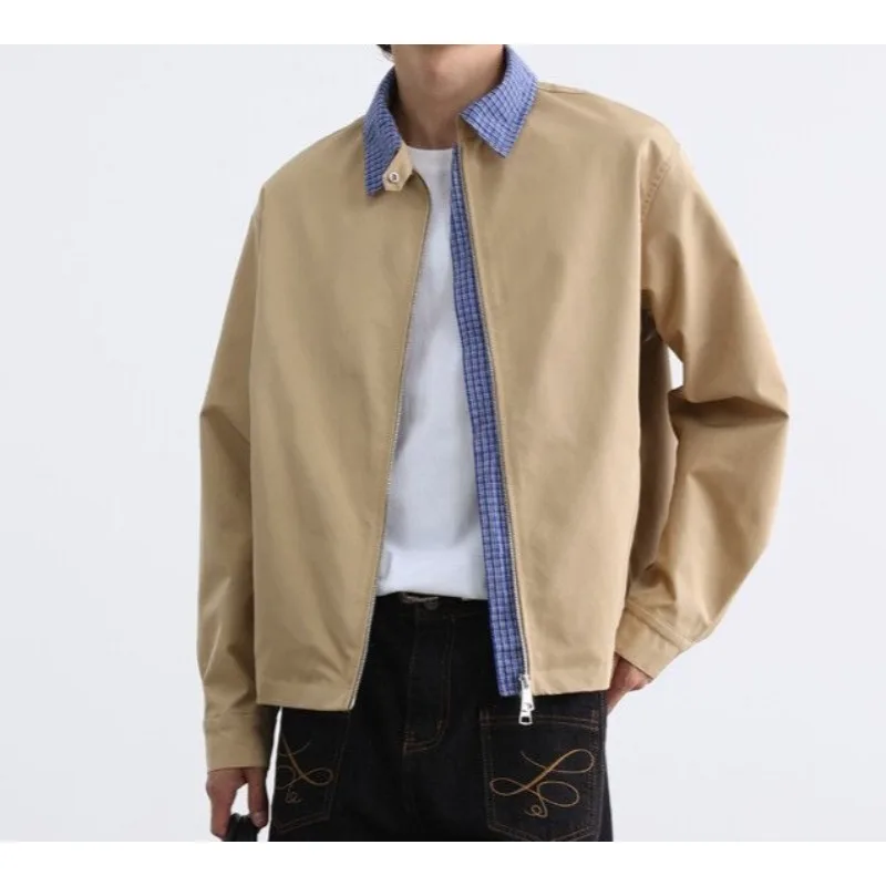 Men's Versatile Loose Jacket Casual Trendy Brand American High Street Plaid Lapel Tooling Fake Two-piece Coat Top