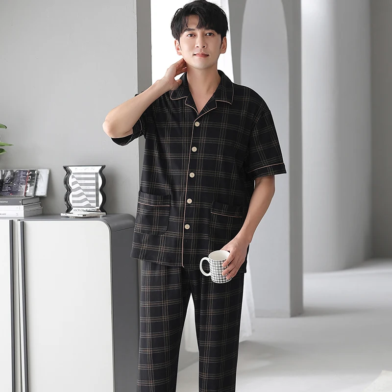 Summer M-4XL Men Pajama Set Knited Cotton Turn-down Collar Sleepwear Short Tops+Long Pants Pyjamas