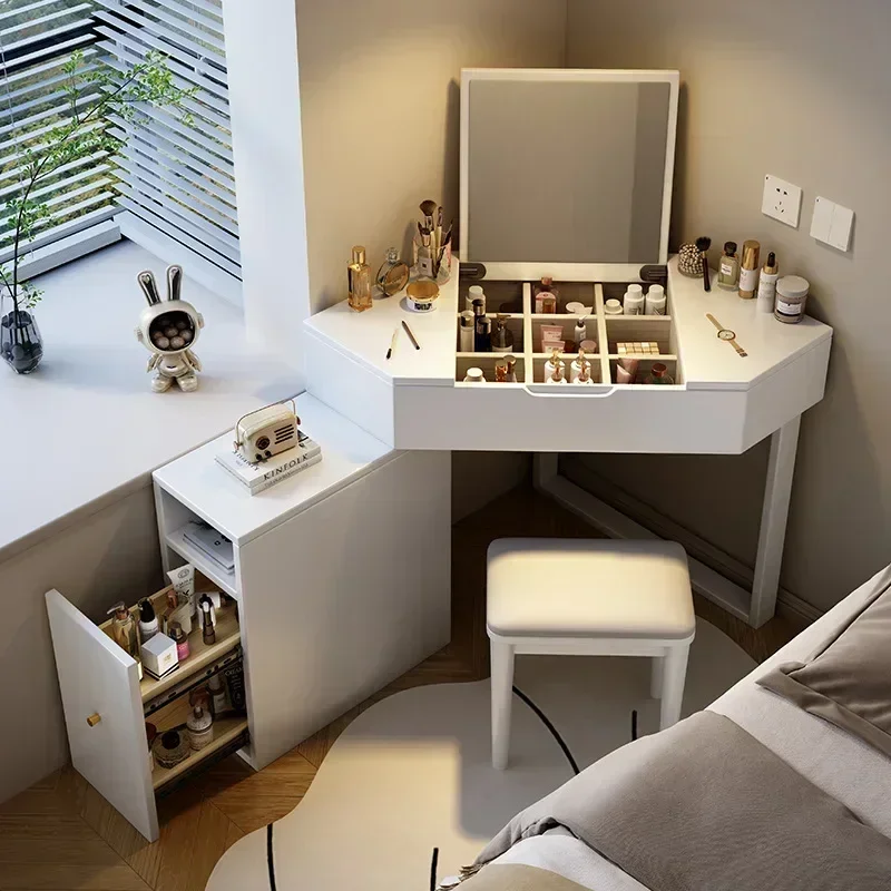 

for Bedroom/Cloakroom Wooden Vanity Table Modern Corner Dressing Vanity with Mirror and Makeup Vanity Set with Charging Station