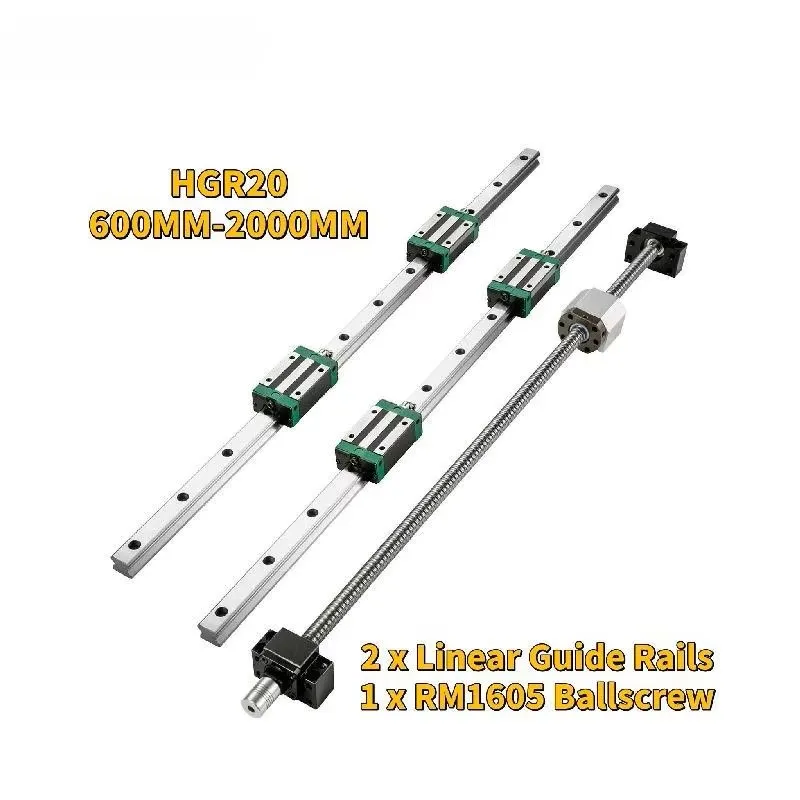 SucceBuy HGR20 2 pezzi guide lineari 1000MM/1500MM/1700MM 4 pezzi blocchi scorrevoli RM1605 vite a ricircolo di sfere con dado a sfere BF12/BK12 per router CNC fai-da-te