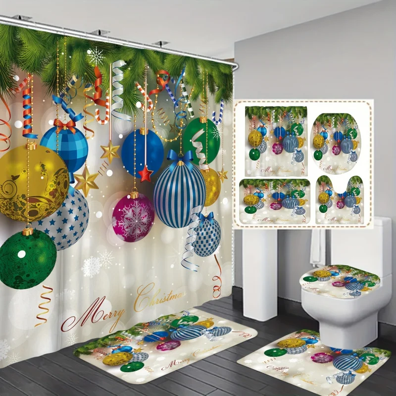 1/3/4PCs Christmas bathroom set, waterproof shower curtain with 12 hooks, non-slip rug, U-shape mat, toilet lid cover pad, bathr