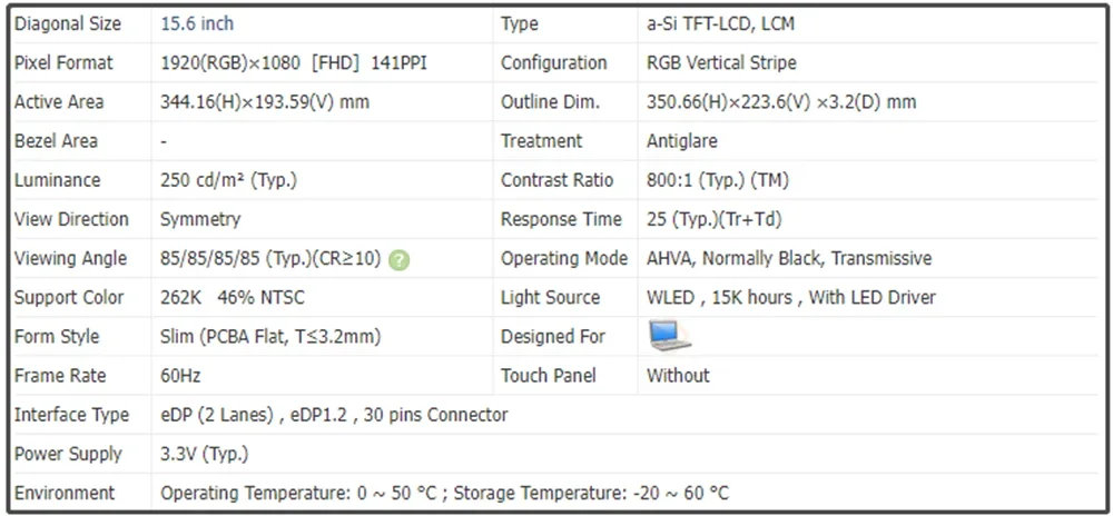 B156HAN02.1 HW1A LP156WF9-SPK2 LP156WF9-SPK3 Тонкая панель 15,6-дюймового ЖК-экрана 1920 (RGB) × 1080 FHD 141PPI EDP 40 контактов Антибликовый