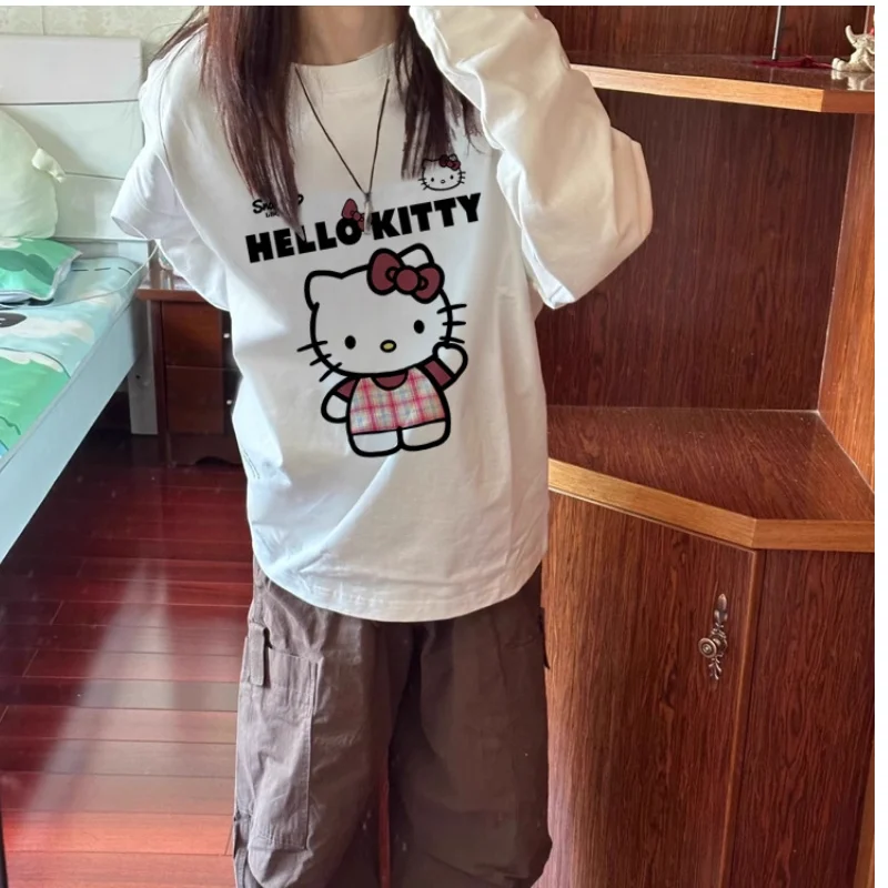 سانريو مرحبا كيتي المرأة تي شيرت Kawaii الكرتون طالب الخريف طويلة الأكمام فضفاضة ملابس علوية من القطن موضة ملابس امرأة جديد #4