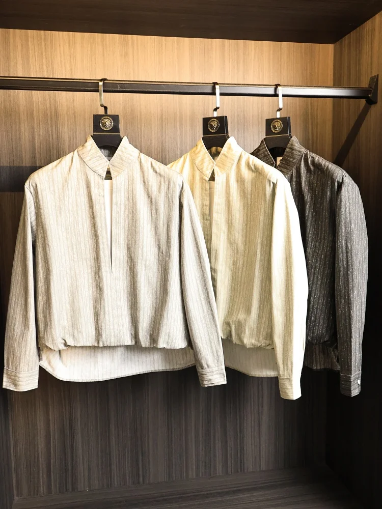 Fashionable Striped Loose Fit Stand Collar Men's Shirt  Line Pure Color Autumn Wear Versatile Casual Long Sleeve Cotton