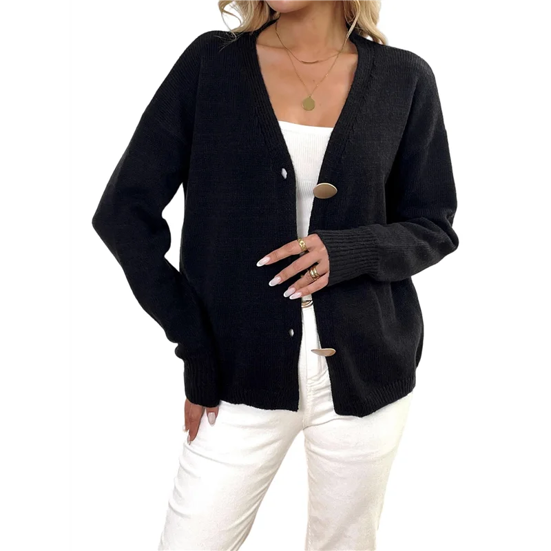 AAAF سترة البلوزات للنساء العصرية الخريف طويلة الأكمام الخامس الرقبة زر أسفل المتضخم مكتنزة متماسكة سترة ملابس خارجية