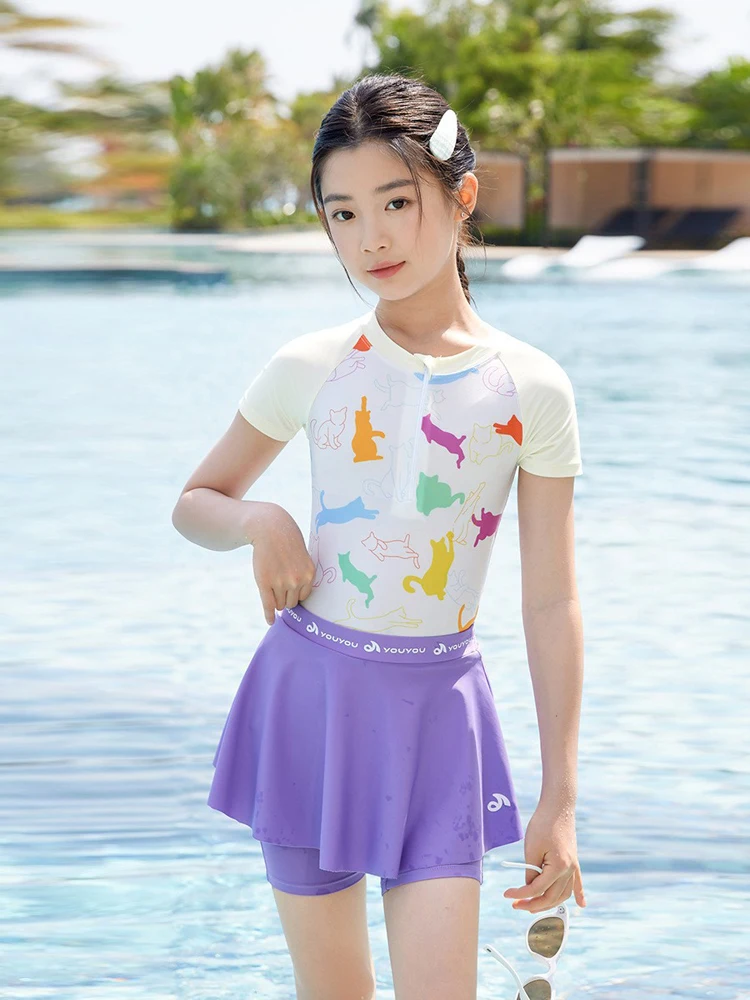 Costumi da bagno per ragazze conservatori con gonna Costume da bagno per bambini per ragazze Costume da bagno a maniche corte per adolescenti Cerniera frontale Fatos De Banho Menina