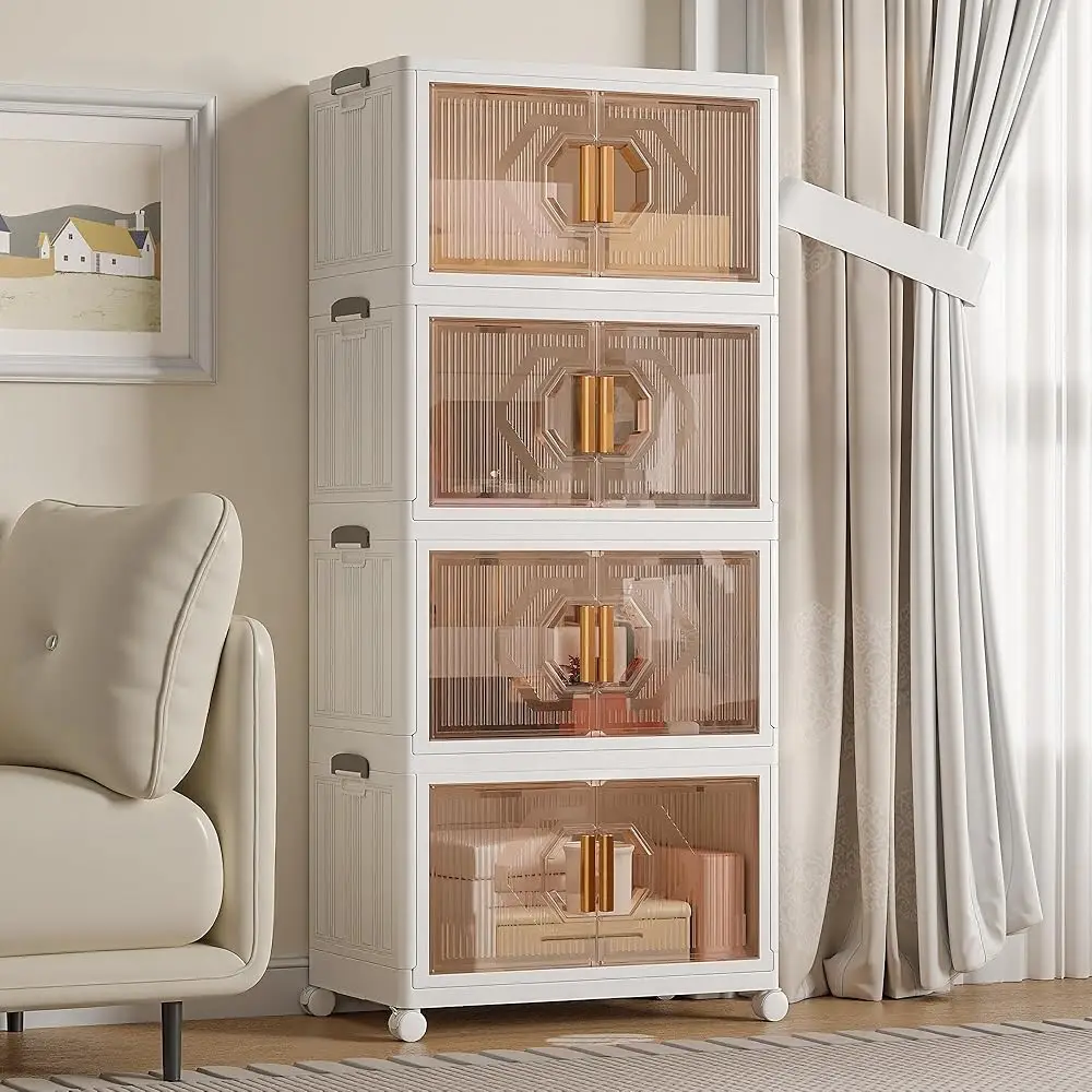 

16 Gal Stackable Storage Bins With Lid, 4 Pa Plastic Collapsible Storage Cabinet, Foldable Folding Box Organizer/Storage