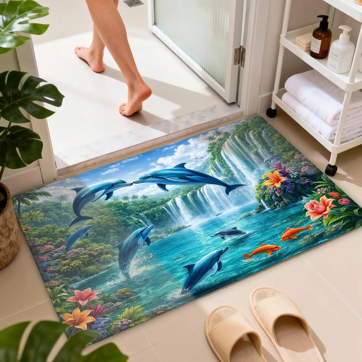 Tropical Dolphin Waterfall Bathroom Mat Set Decor for Bathroom Home Decor Luxury Rug Bath Mat Toilet Seat Cover