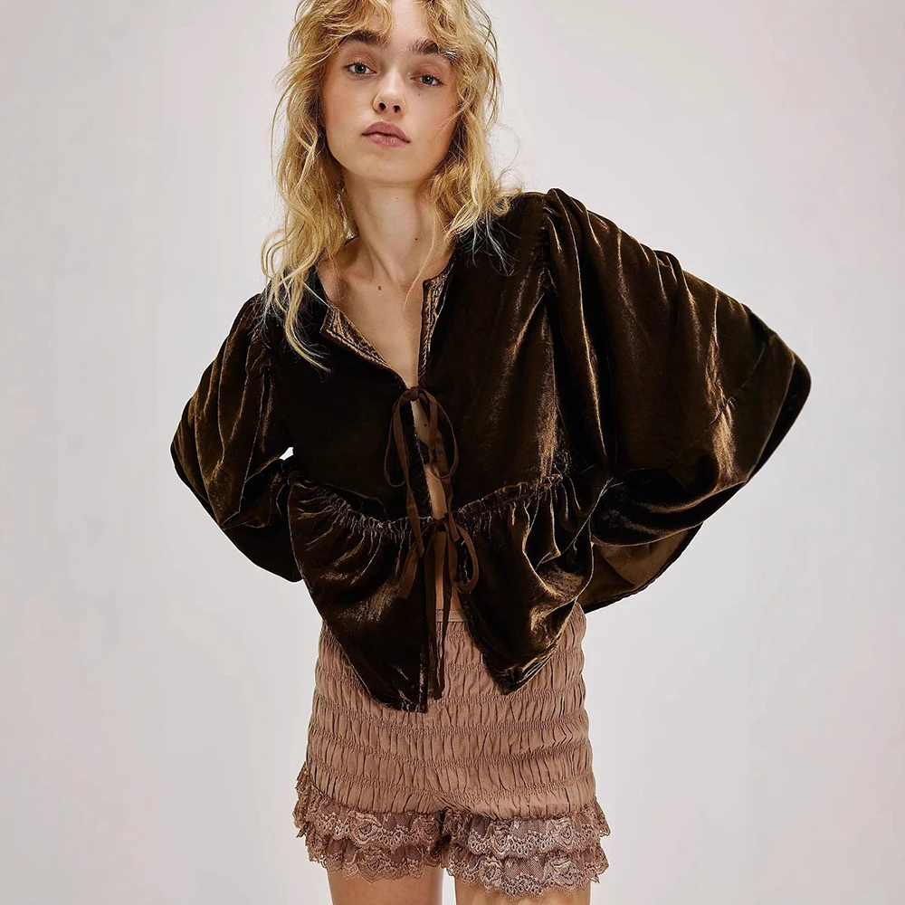 

Womens Velvet Shirt Tops Flowy Puff Long Sleeve Lace-up Cardigan Fashion Autumn Shirts Loose Streetwear Basic Blouse Top Clothes