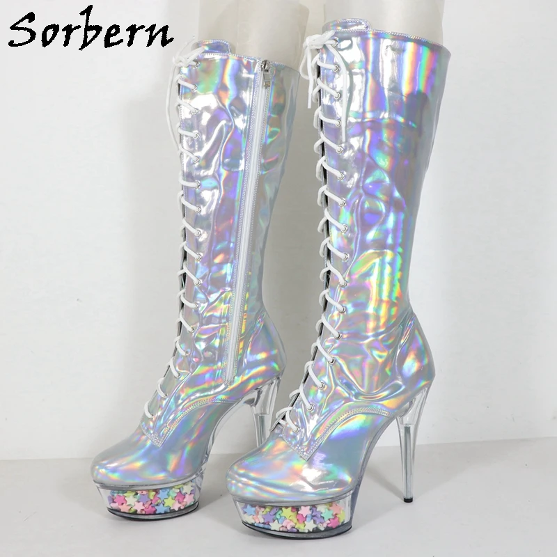 Sorbern Holo Silver Knee High Boots Women Transparent Stars Perspex High Heel Round Toe Lace Up Pole Dance Boot Custom Colors
