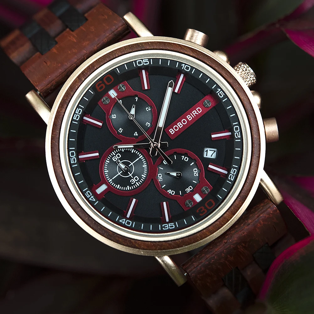 Customize Logo Name Men Wood Watches BOBO BIRD Fashion Calendar Stopwatch Personalized Quartz Wristwatches Gift Dropshipping
