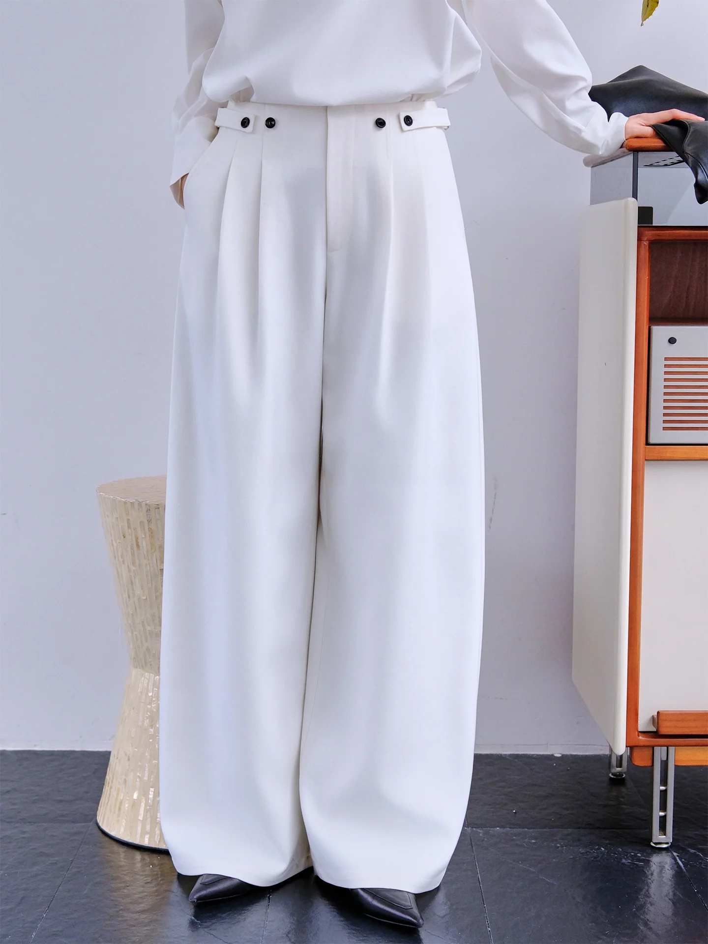 

Jieji Zhang Spring Fashionable Wide Leg Casual Pants Women's High Waist Button Pure Color Polyester Blend Elastic Fiber