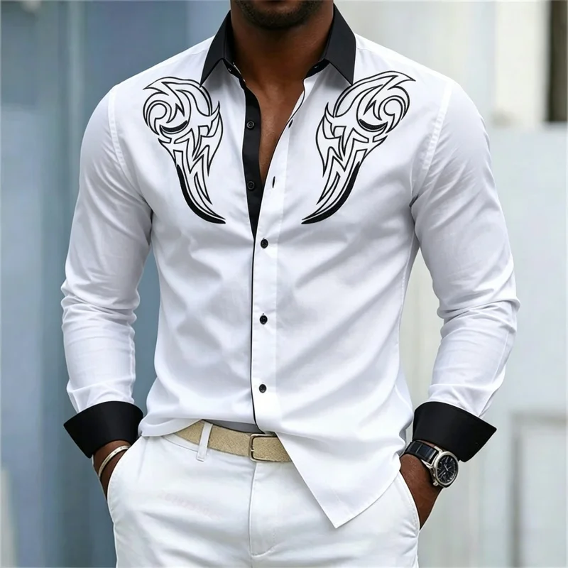 

Men's shirt color blocking long sleeved shirt color blocking totem printed shirt street trend business casual men's clothing