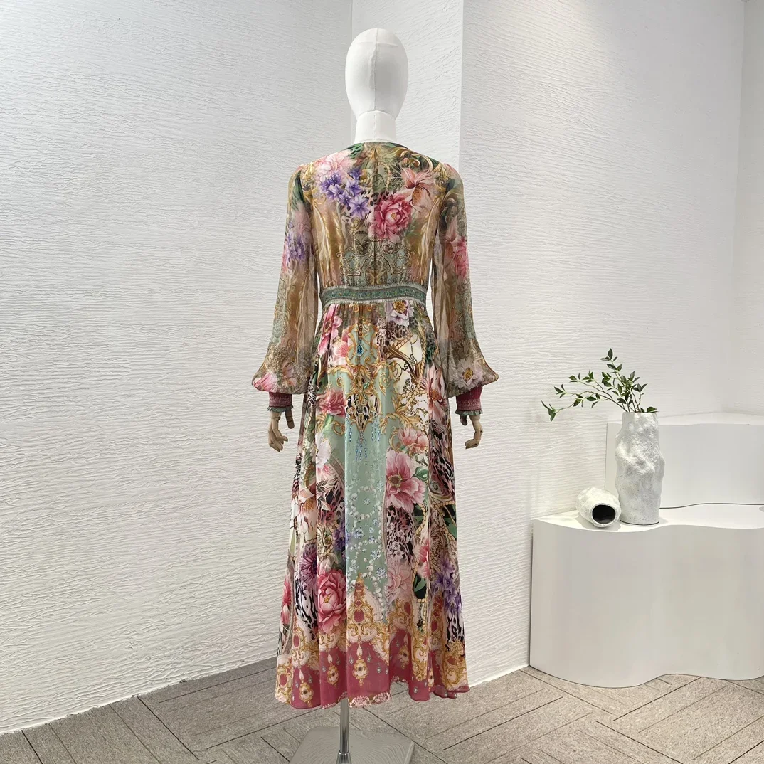 WorldCloset Vintage Midi Dress With Flower Print Long Sleeve V-neck Green Golden Pink New High Quality