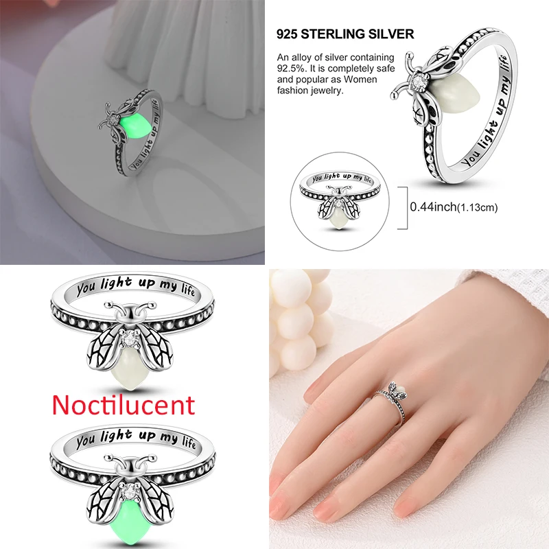 New 925 Sterling Silver Ring Women Eternal Love Dewdrop Stone Glow-in-The-Dark Firefly Ring Fashion Engagement Wedding Jewelry view 4