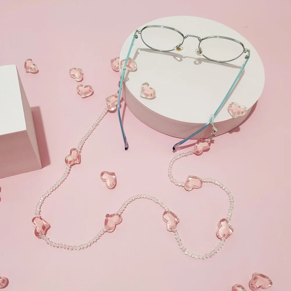 Love Heart Sunglasses Chain Fashion Pink Crystal Hanging Rope Sunglasses Lanyard Anti-lost Glasses Chain Women