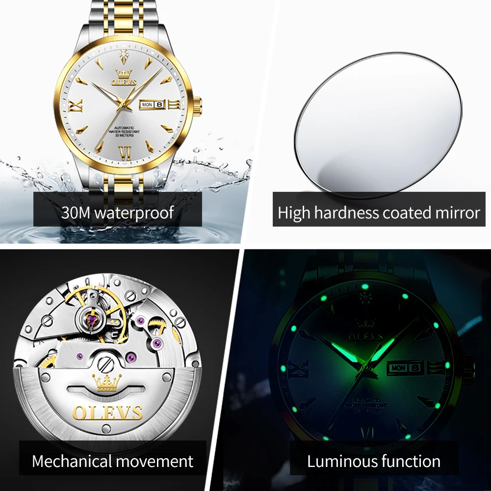 OLEVS 9956 Mens Watch Luxury Original Stainless Steel Automatic Mechanical Watch Waterproof Week Date Watches For Man Gifts