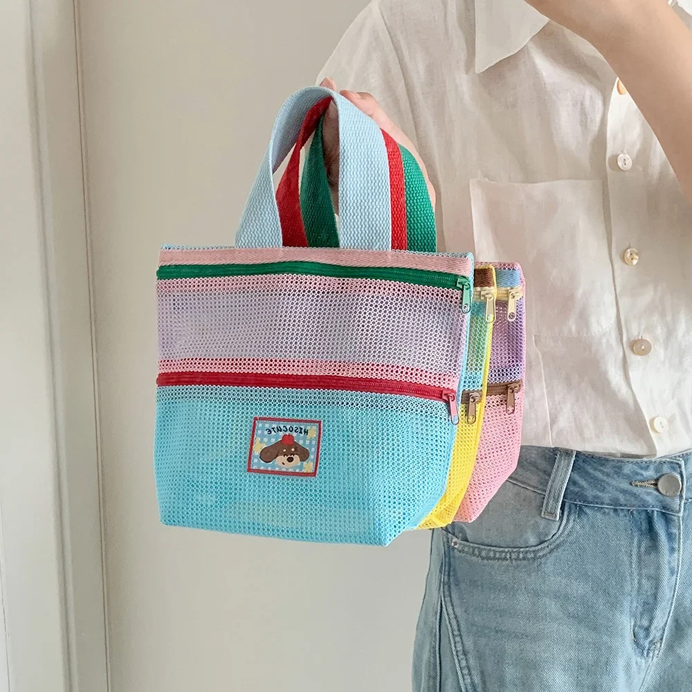 Damen-Kosmetiktasche aus Mesh mit Farbblock-Design, Tragegriff und süßem Applikationsmotiv, kleine Kosmetiktasche für die Aufbewahrung von Reiseutensilien im Alltag – Detail 15