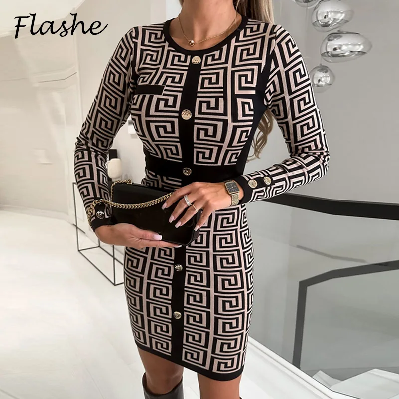 2022 Autumn Dresses For Women Fashion O Neck Long Sleeve Mini Bodycon Dress Women Vintage Print Casual Party Dress