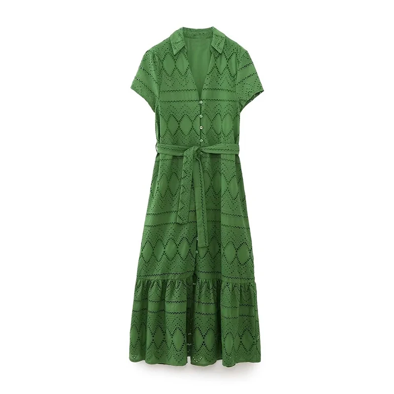 

Hollow Out Embroidery Shirt Dress Women Summer Short Sleeve Lapel Collar With Belt Cotton Robes Loose Beach party Long Dress