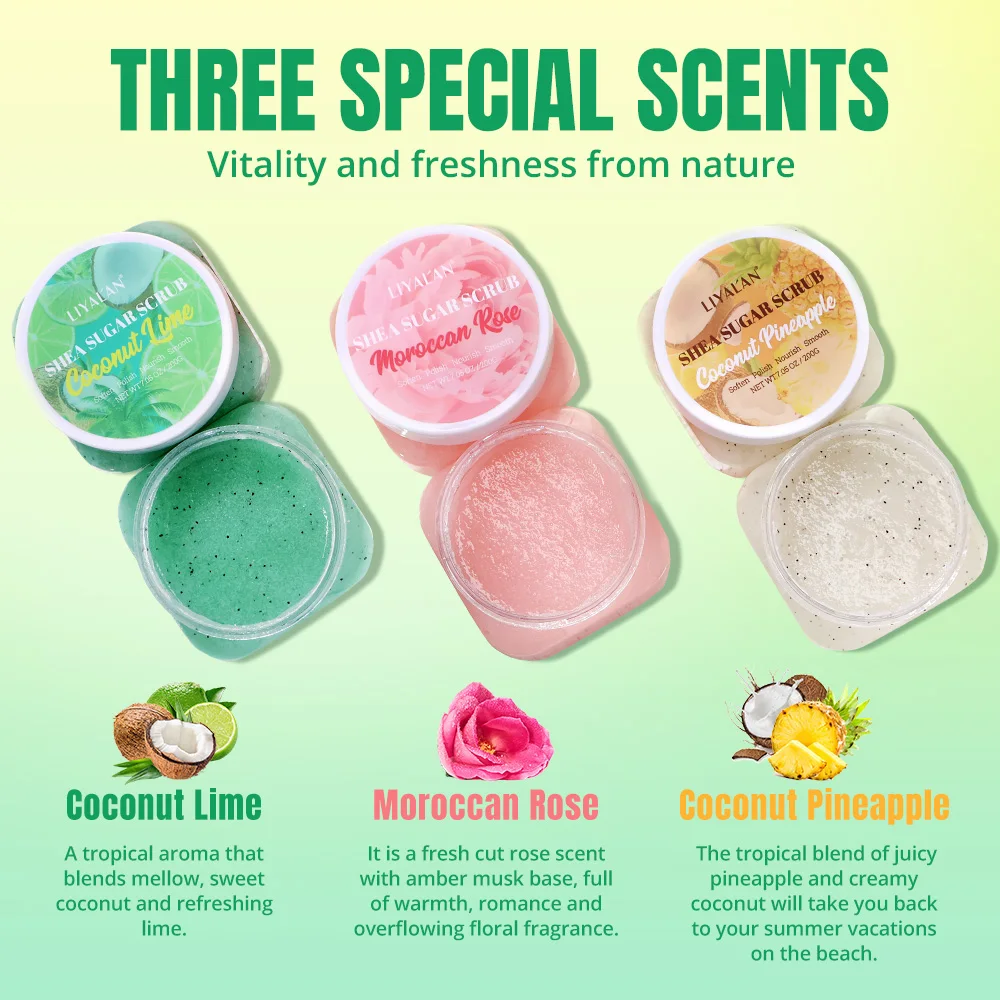 12 szt./pudełko Peeling do ciała z masłem shea i cukrem, owocowy, głęboko oczyszczający, wygładzający, złuszczający, unikający przebarwień, polujący, zmiękczający, odżywiający i nawilżający.