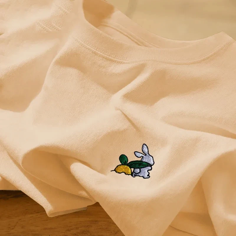Unisex Korean Style Rabbit Embroidery Crew Neck Short Sleeve T Shirt Loose Oversized Summer Casual Tee