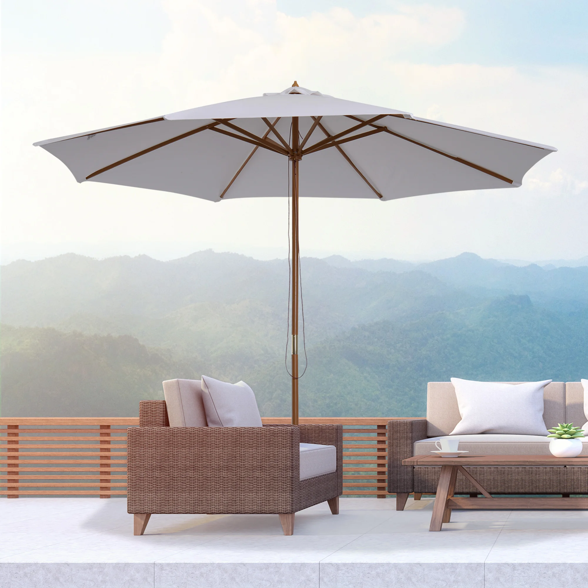 Parasol de terrasse extérieur Outsunny Ø300 cm avec système de poulie, toit ventilé et mât en bois amovible pour patio et terrasse, blanc