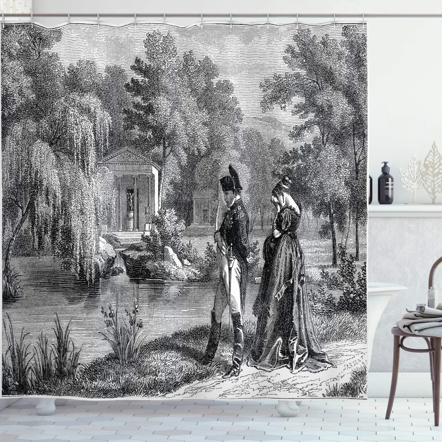 Vintage Shower Curtain Historical French Revolution Sketch with Napoleon and Woman In Garden Artwork Bathroom Curtain with Hooks