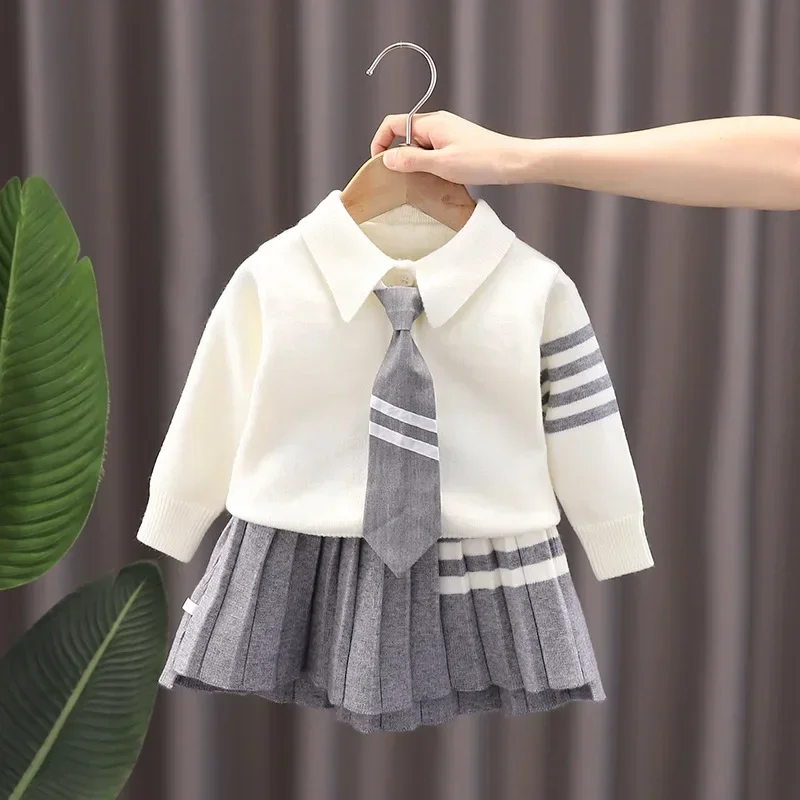 Infant Girls Autumn Knitted Dress Clothing Children Kindergarten Sweater Jacket + Pleated Skirt 2 Piece Set Winter Trend