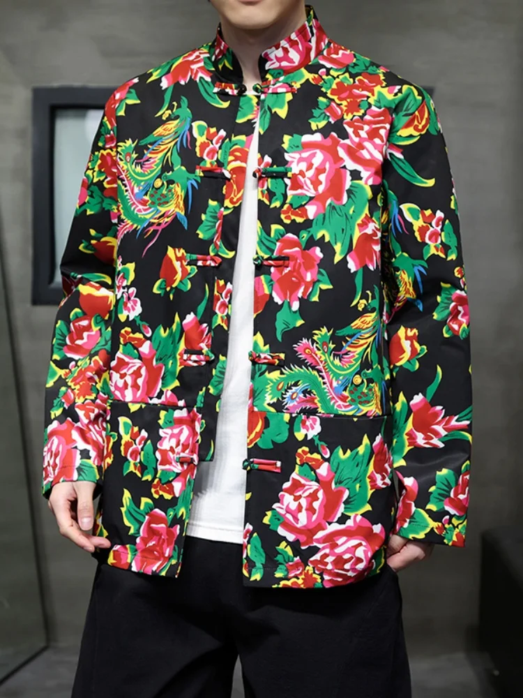 

Мужская демисезонная куртка с крупным цветочным узором в традиционном китайском стиле, дышащая, с длинными рукавами, на пуговицах