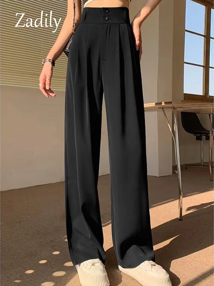 Zadily 2022 Autumn Wide Leg Women Classic Suit Pants Vintage Office Elegant Casual Black Trousers Female High Wasit Pants