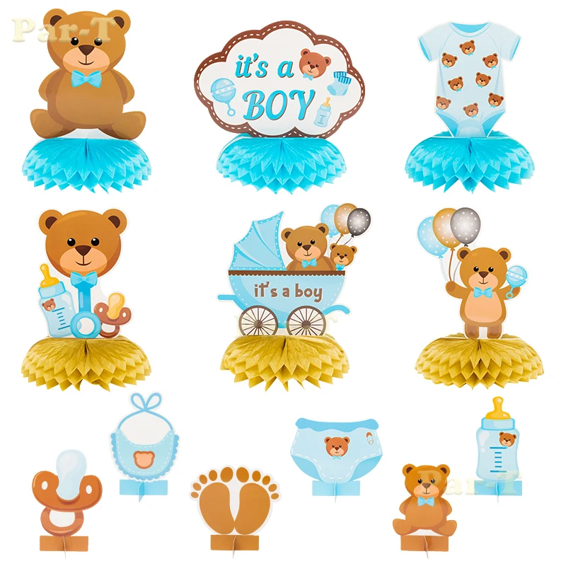 

12Pcs/set Bear Honeycomb Centerpieces Table Topper Brown Blue Cute Pacifier Desktop Decor Gender Reveal Party Supplies for Boy