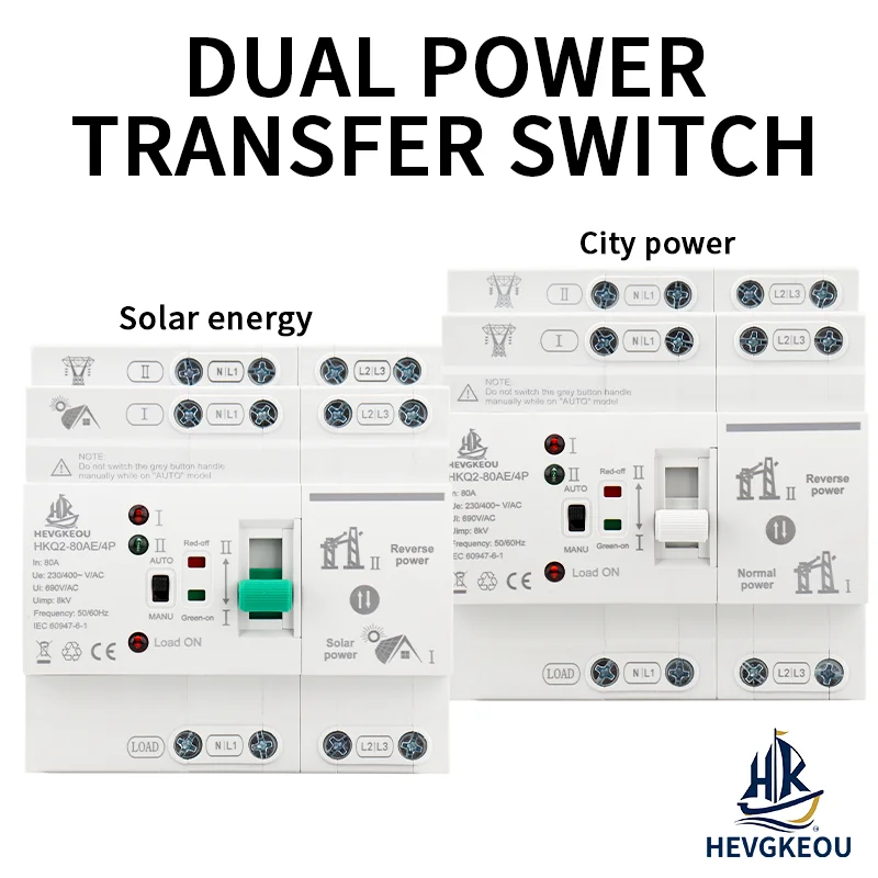 ATS Automatic Transfer Switch 4P 80A for PV/Solar & Mains, Uninterrupted Power Selector Switch 400V DIN Rail